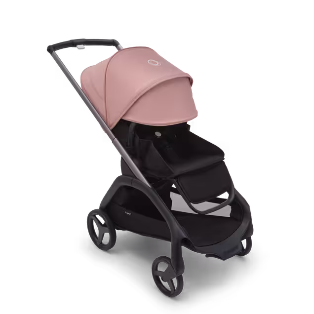 Bugaboo Dragonfly seat stroller with graphite chassis, midnight black fabrics and morning pink sun canopy. The sun canopy is fully extended. - Main Image Slide 3 of 16
