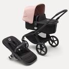 Refurbished Bugaboo Fox 5 bassinet and seat stroller black base, midnight black fabrics, morning pink sun canopy