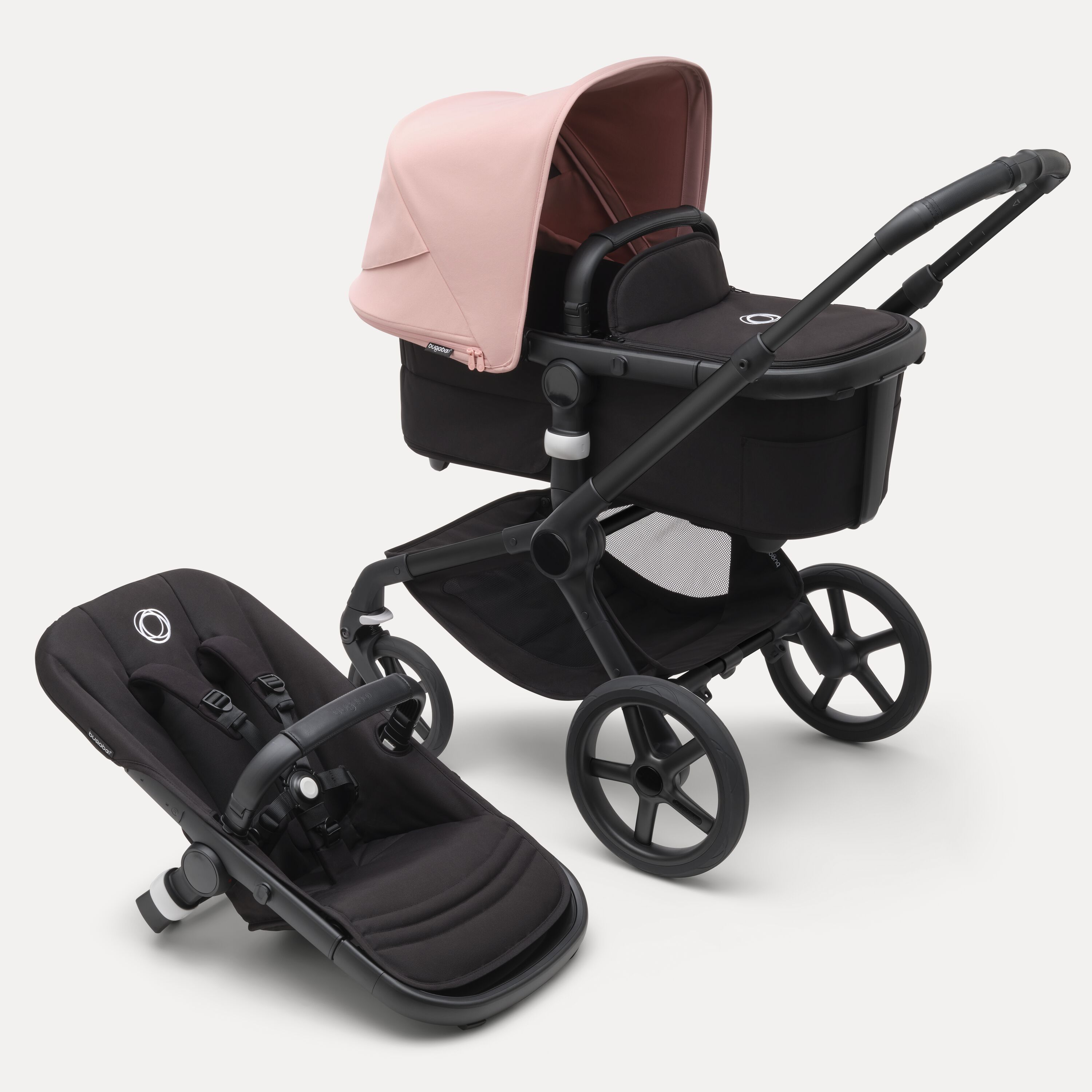 Refurbished Bugaboo Fox 5 bassinet and seat stroller black base, midnight black fabrics, morning pink sun canopy - Main Modal Image Slide 1 of 7