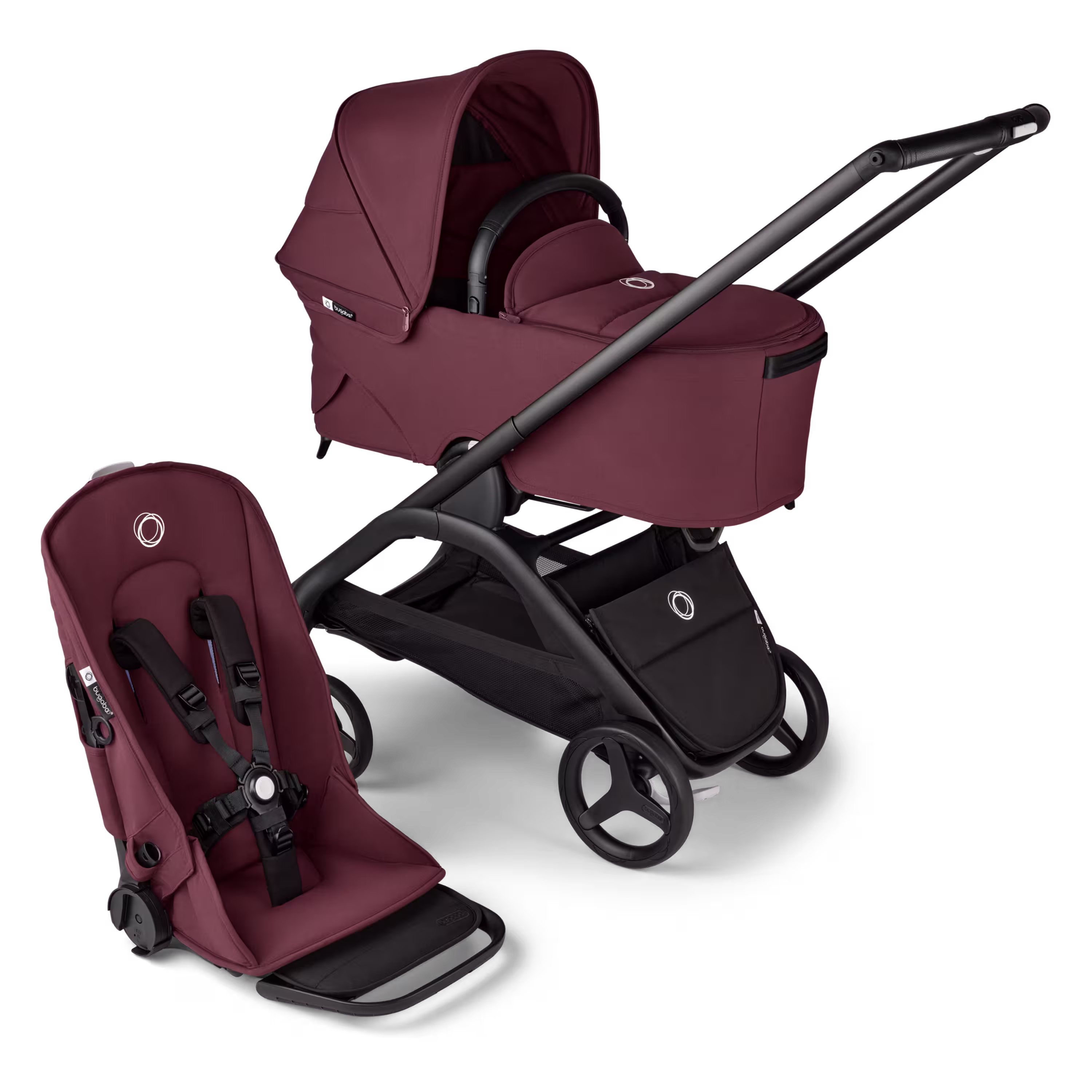 Refurbished Bugaboo Dragonfly 2-in-1 pushchair black base, dark cherry red fabrics, dark cherry red sun canopy - Main Modal Image Slide 1 of 2