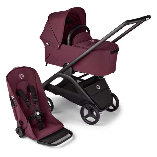 Refurbished Bugaboo Dragonfly 2-in-1 pushchair black base, dark cherry red fabrics, dark cherry red sun canopy - Main Image Slide 1 of 2