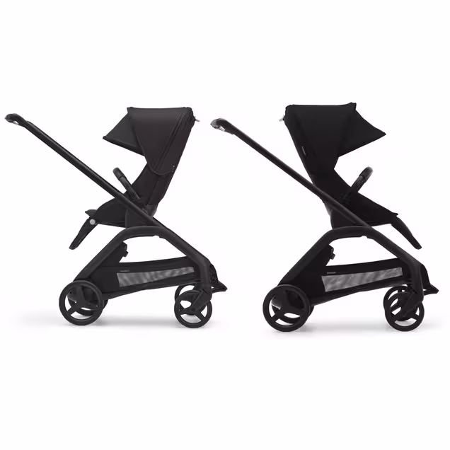 Refurbished Bugaboo Dragonfly bassinet and seat stroller graphite base, midnight black fabrics, skyline blue sun canopy - Main Image Slide 9 of 14