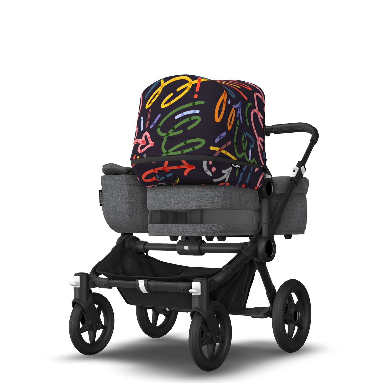 Bugaboo Donkey 5 Mono bassinet and seat stroller black base, grey mélange fabrics, art of discovery dark blue sun canopy
