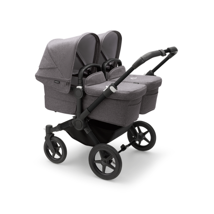 Bugaboo Donkey 5 Twin bassinet and seat stroller black base, grey mélange fabrics, grey mélange sun canopy