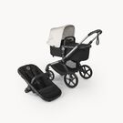 Bugaboo Fox 5 Renew bassinet and seat 2-in-1 stroller, with graphite chassis, Heritage Black fabrics, and Misty White sun canopy.
