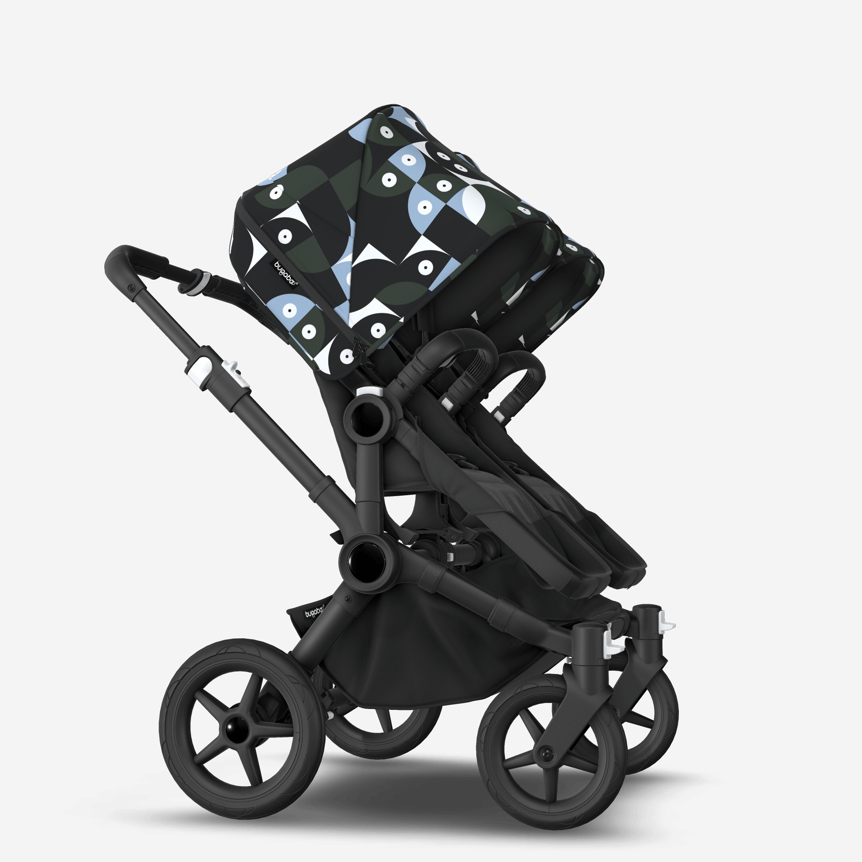 Bugaboo Donkey 5 twin stroller black base, midnight black fabrics, animal explorer green/light blue sun canopy - Main Modal Image Slide 4 of 12
