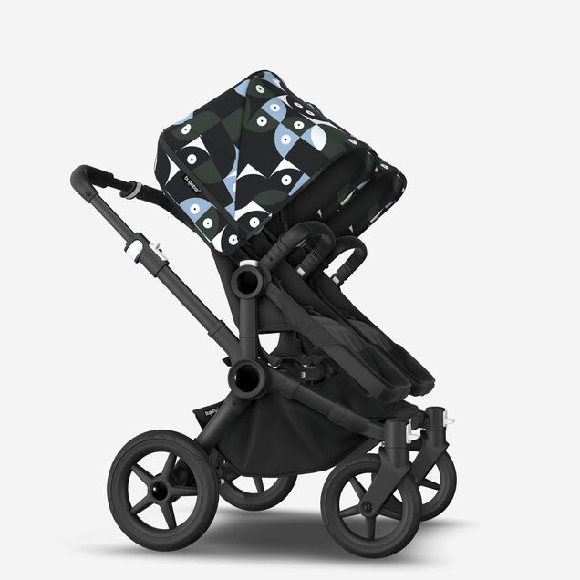 Bugaboo Donkey 5 twin stroller black base, midnight black fabrics, animal explorer green/light blue sun canopy - Main Image Slide 4 of 12
