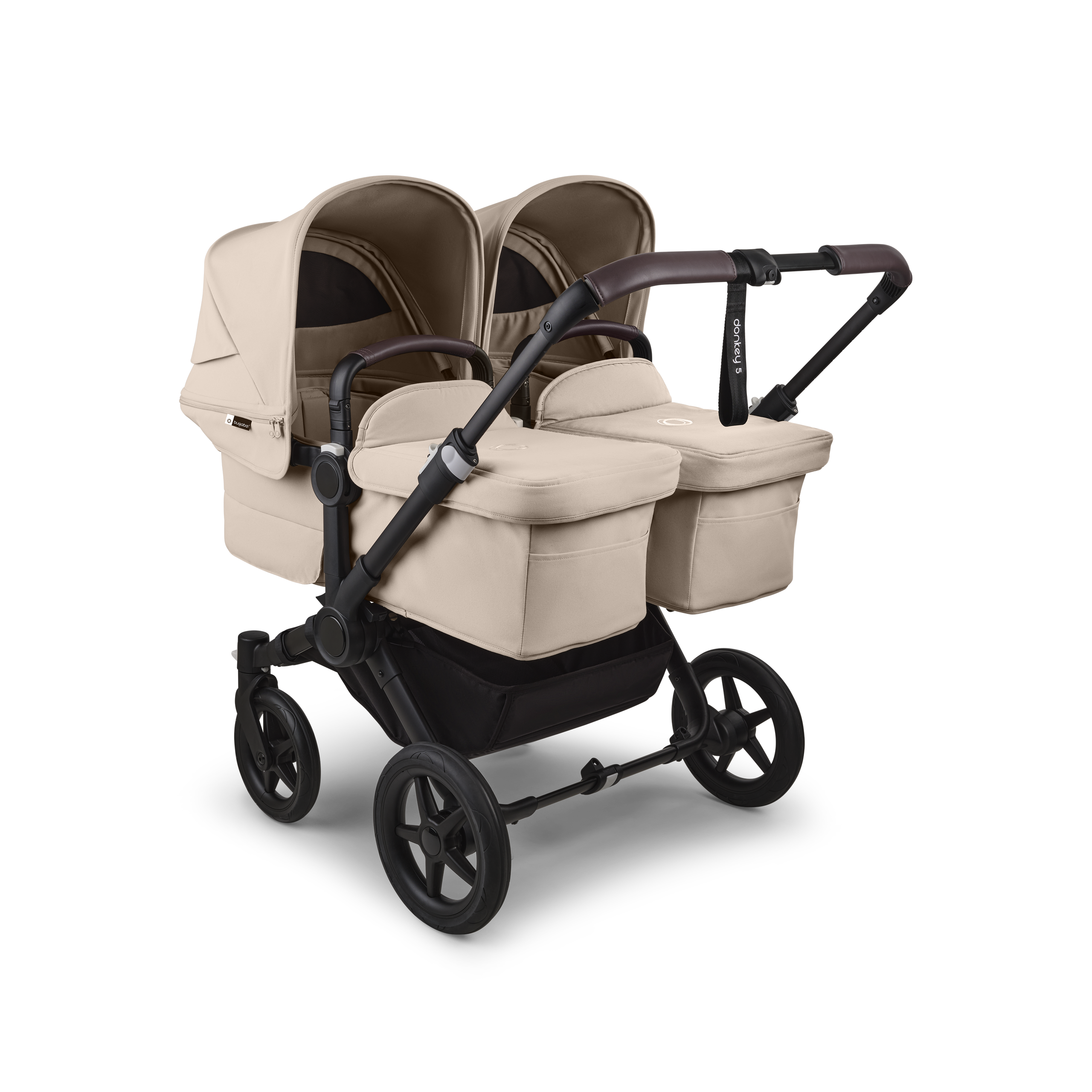 Bugaboo Donkey 5 twin pushchair black base, desert taupe fabrics, desert taupe sun canopy - Thumbnail Slide 1 of 12