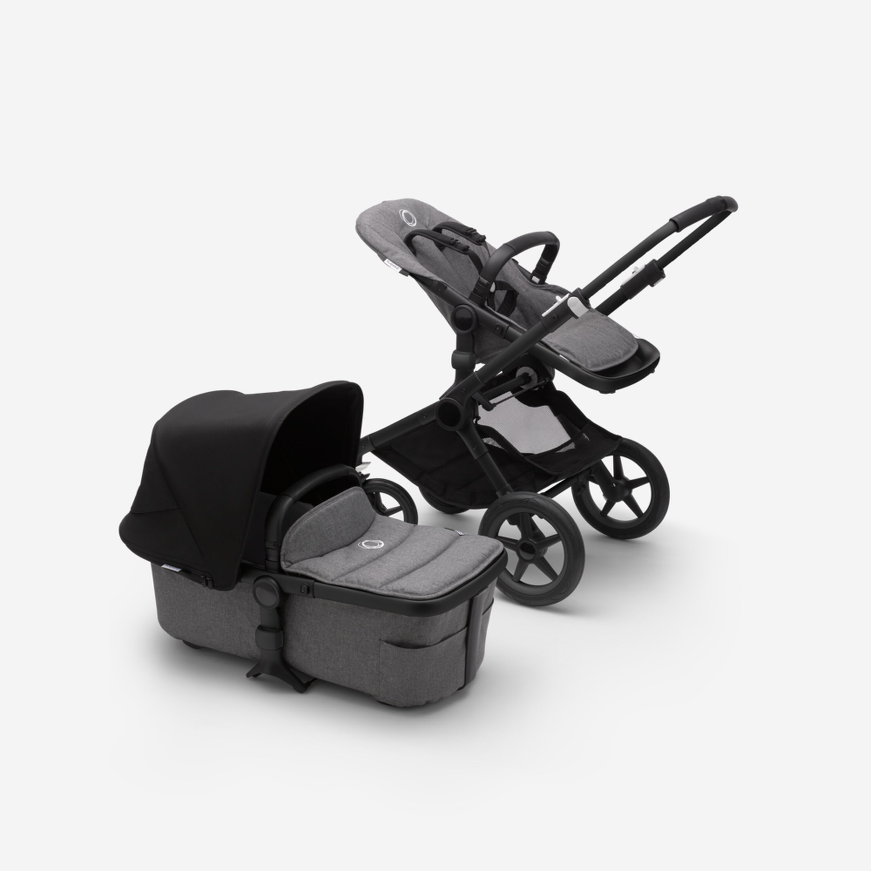 Bugaboo Fox 2 seat and bassinet stroller black sun canopy, grey melange fabrics, black base - Main Modal Image Slide 9 of 10