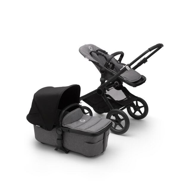 Bugaboo Fox 2 seat and bassinet stroller black sun canopy, grey melange fabrics, black base - Main Image Slide 9 van 10