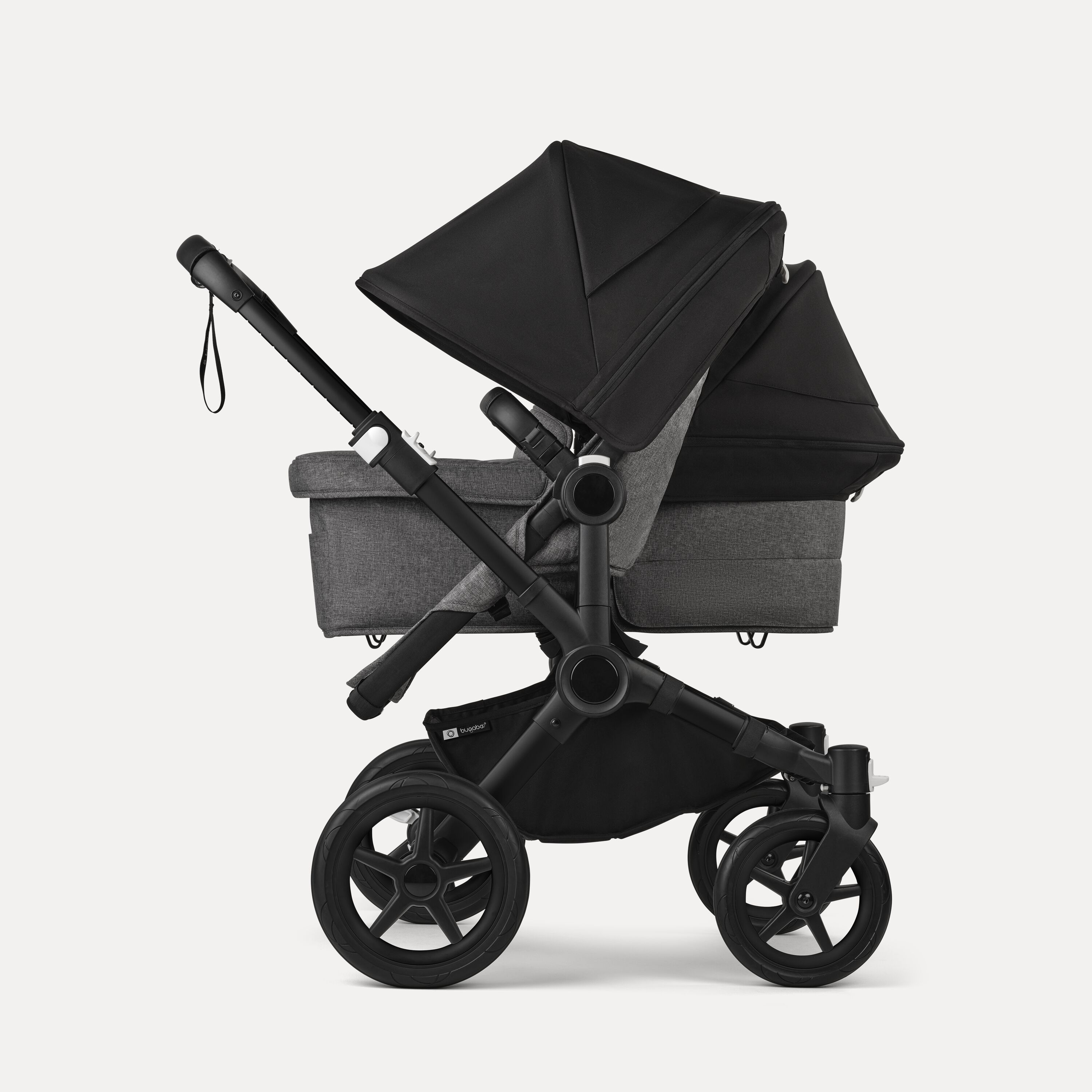 Bugaboo Donkey 5 Duo double stroller black base, grey mélange fabrics, midnight black sun canopy - Main Modal Image Slide 2 of 11