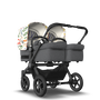 Bugaboo Donkey 5 Twin bassinet and seat stroller black base, grey mélange fabrics, art of discovery white sun canopy - Thumbnail Slide 1 of 15