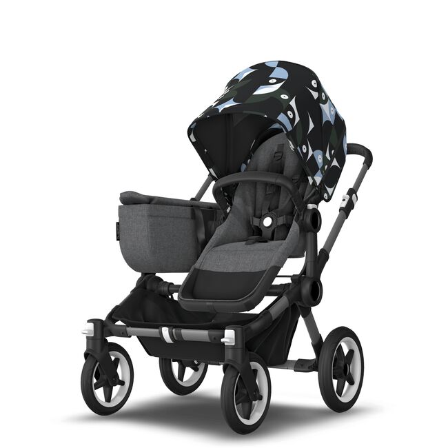 Bugaboo Donkey 5 Mono bassinet and seat stroller graphite base, grey mélange fabrics, animal explorer green/ light blue sun canopy