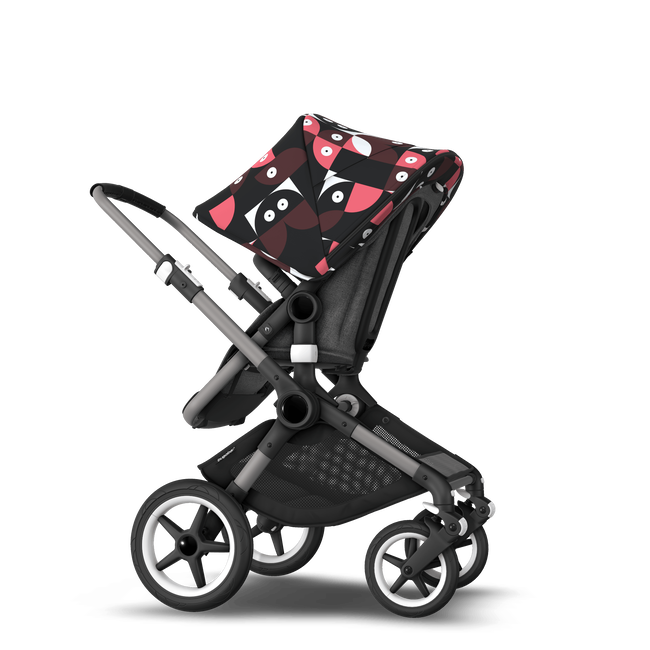 Bugaboo Fox 3 bassinet and seat stroller graphite base, grey melange fabrics, animal explorer pink/red sun canopy