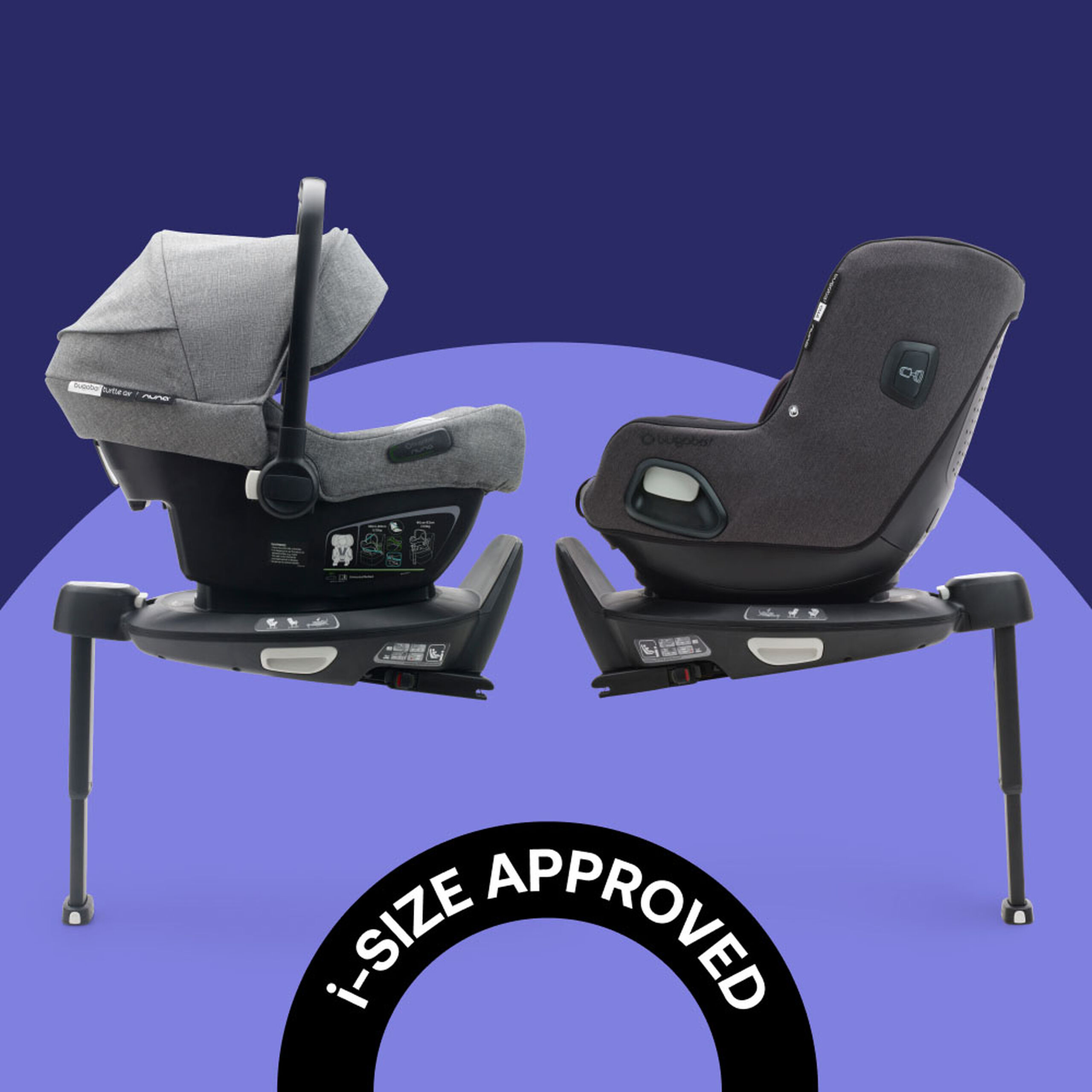Bugaboo Turtle Air by Nuna and Bugaboo Owl by Nuna car seats, both on the 360 ISOFIX Base. Text reads: i-Size approved. - Thumbnail Slide 4 of 9