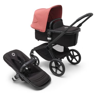Bugaboo Fox 5 carrycot and seat pushchair with black chassis, midnight black fabrics and sunrise red sun canopy.