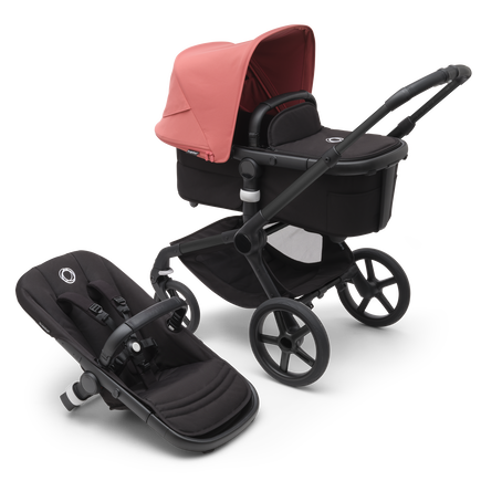 Bugaboo Fox 5 carrycot and seat pushchair with black chassis, midnight black fabrics and sunrise red sun canopy.