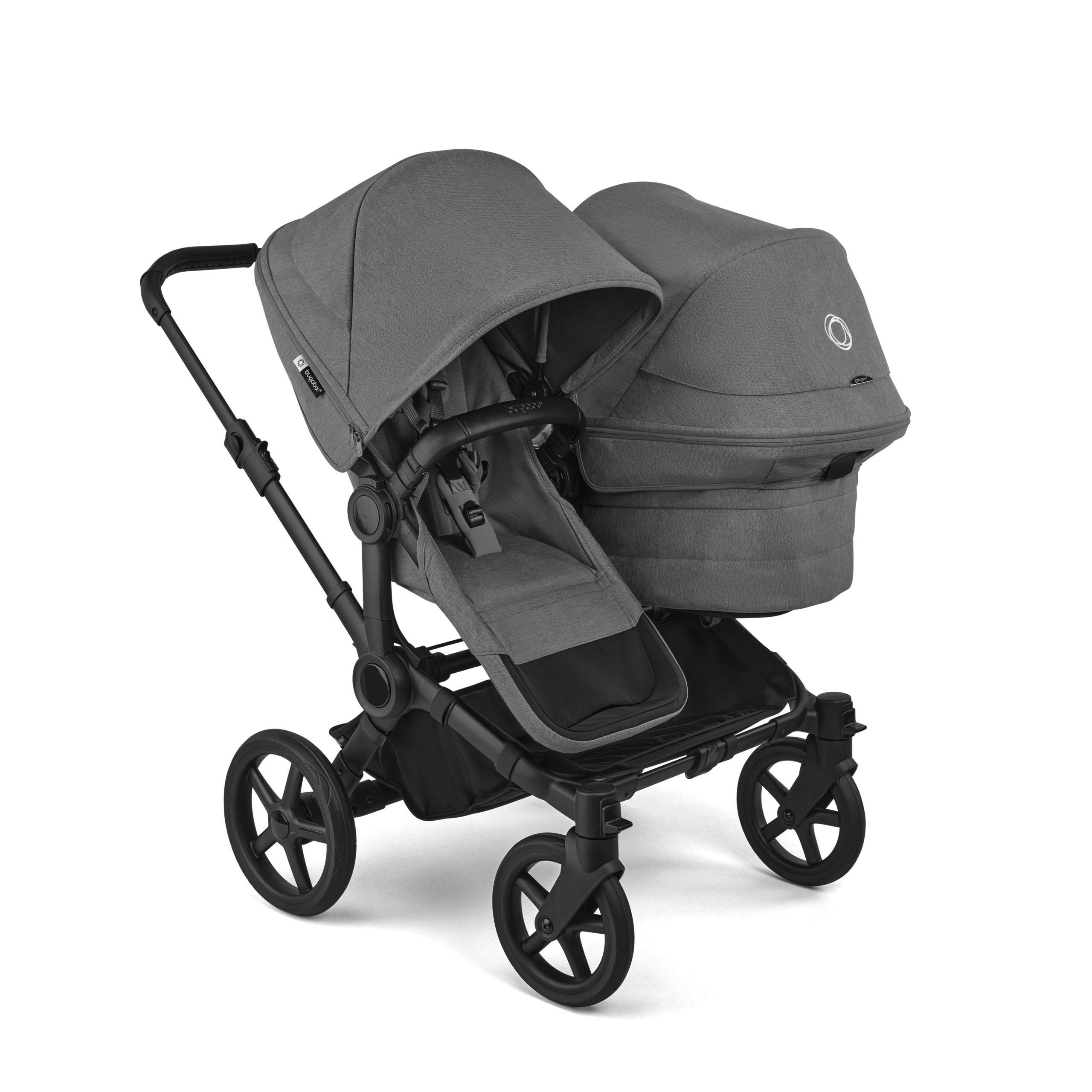 Bugaboo Donkey 6 double stroller black base, moon grey fabrics, moon grey sun canopy - Thumbnail Slide 1 of 9