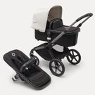 Refurbished Bugaboo Fox 5 bassinet and seat stroller graphite base, midnight black fabrics, misty white sun canopy
