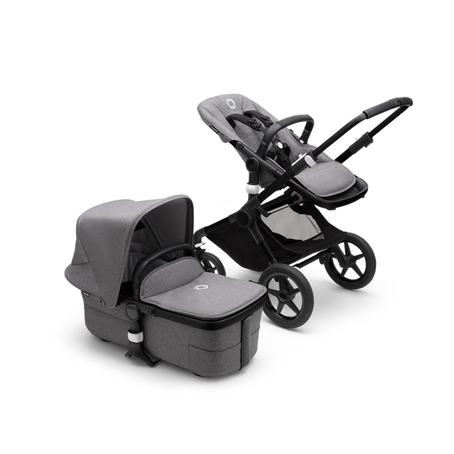 Bugaboo Fox 3 bassinet and seat stroller black base, grey melange fabrics, grey melange sun canopy