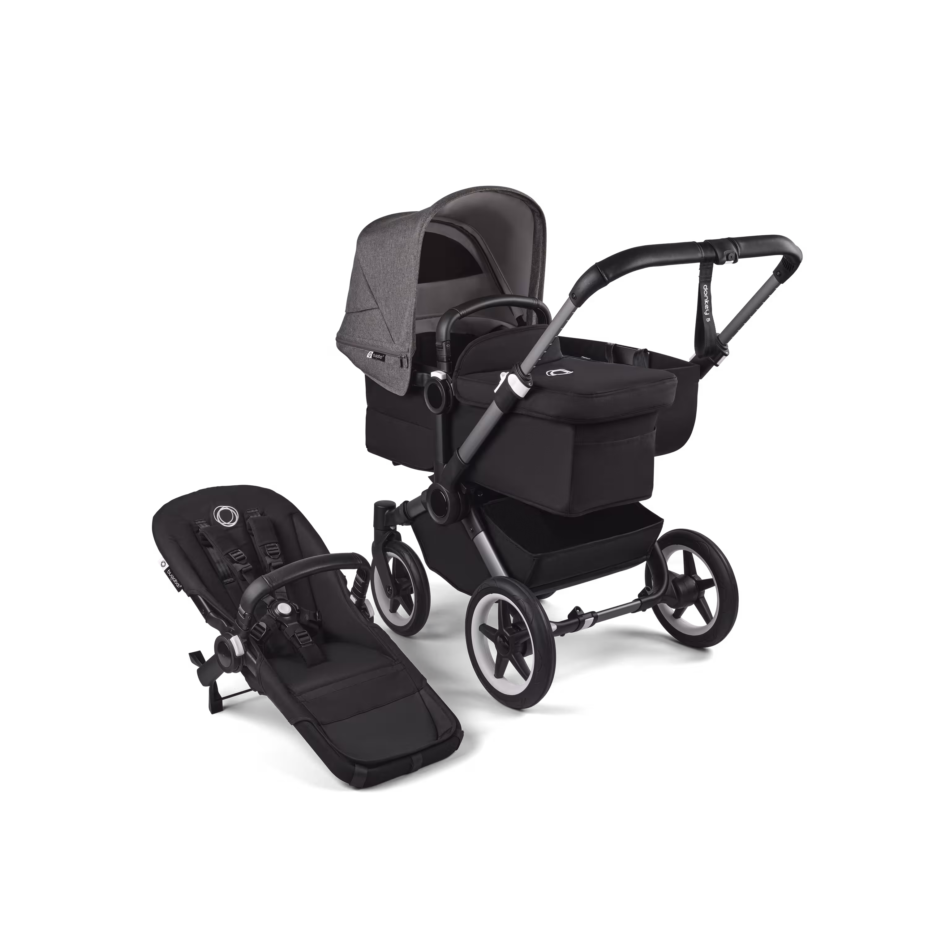 Bugaboo Donkey 5 Mono 2-in-1 stroller graphite base, midnight black fabrics, grey mélange sun canopy - Main Modal Image Slide 1 of 12