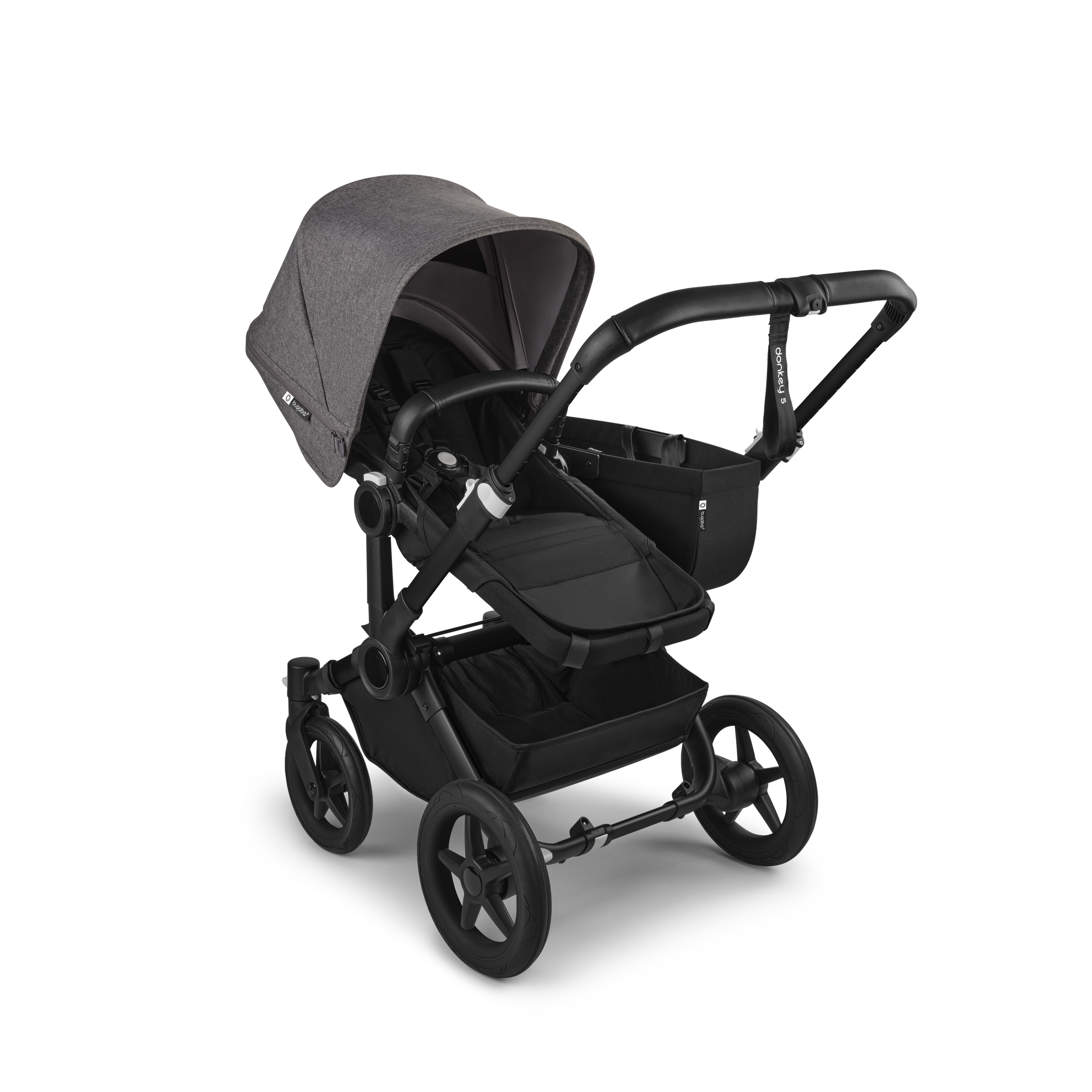 PP Bugaboo Donkey 5 Mono bassinet and seat stroller black base, midnight black fabrics, grey mélange sun canopy - Thumbnail Slide 2 of 10
