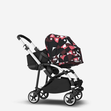 Bugaboo Bee 6 bassinet and seat stroller aluminium base, black fabrics, animal explorer pink/ red sun canopy