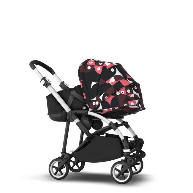 Bugaboo Bee 6 bassinet and seat stroller aluminium base, black fabrics, animal explorer pink/ red sun canopy