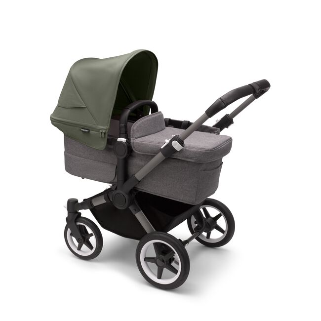 Bugaboo Donkey 5 Mono bassinet stroller with graphite chassis, grey melange fabrics and forest green sun canopy.