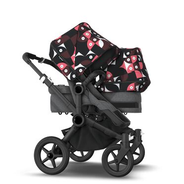 Bugaboo Donkey 5 Duo double stroller black base, grey mélange fabrics, animal explorer pink/ red sun canopy - view 2