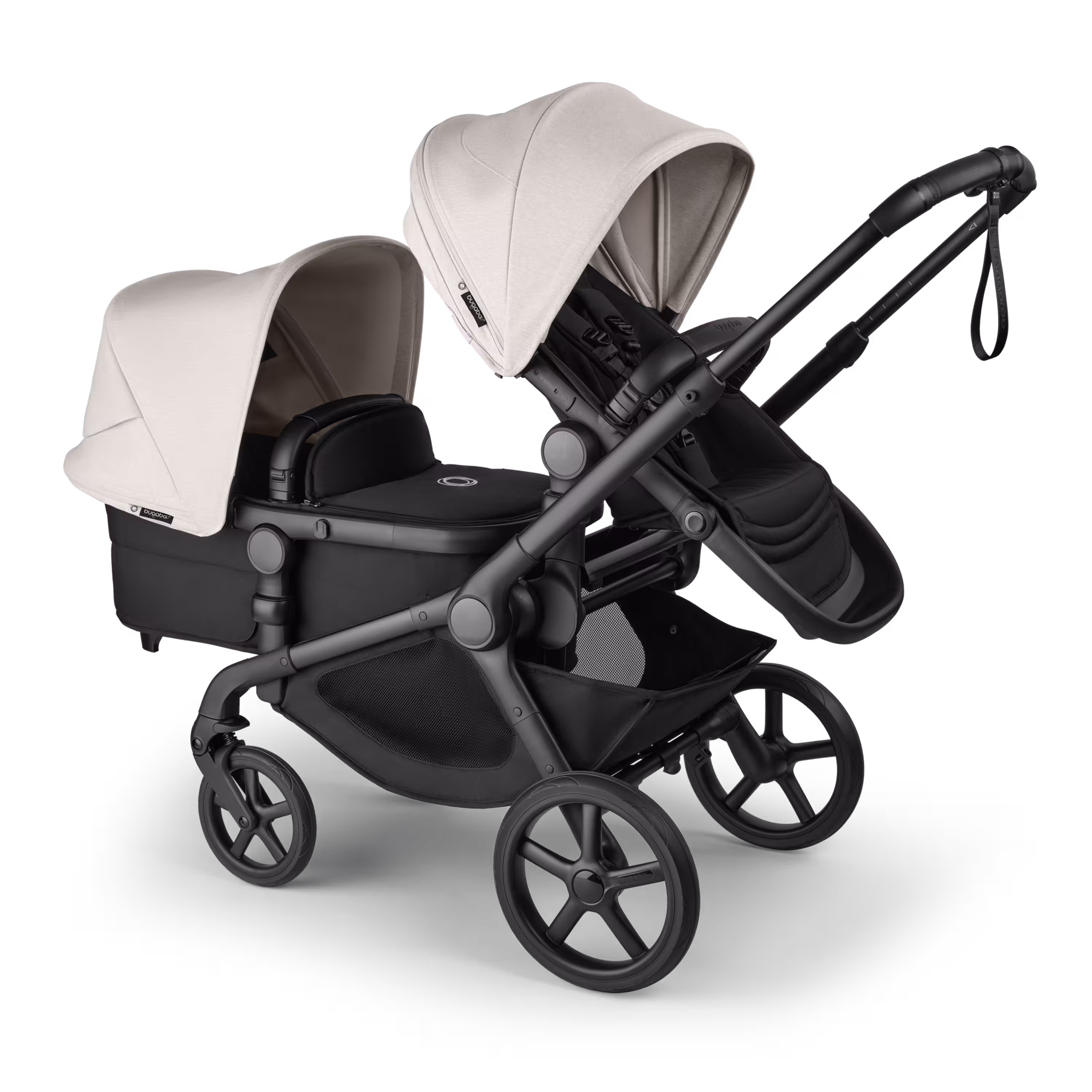 Bugaboo Kangaroo 2-in-1 tandem stroller with one seat above and one bassinet below, with Midnight Black fabrics and Misty White sun canopies. - Main Modal Image Slide 3 of 18