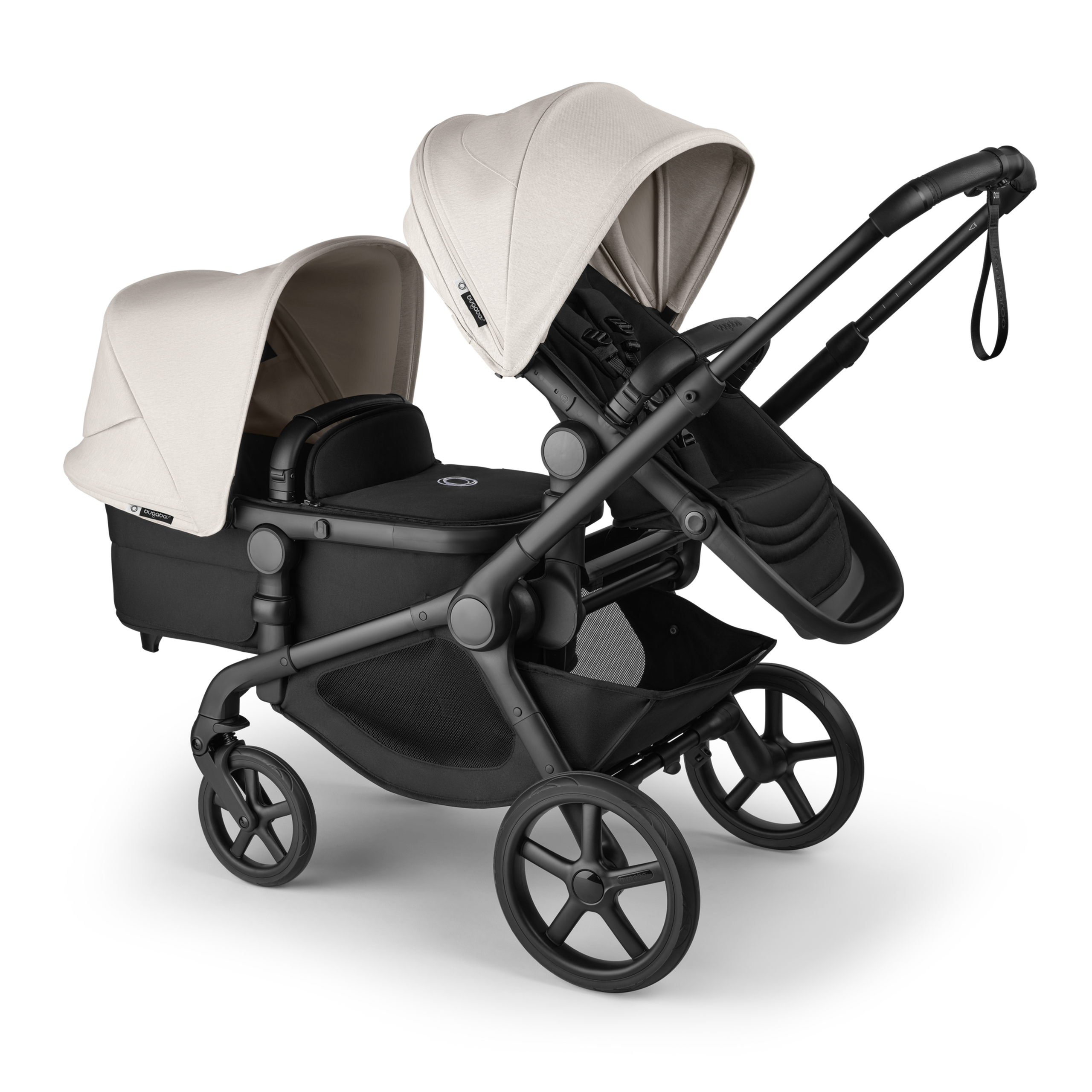 Bugaboo Kangaroo 2-in-1 tandem stroller with one seat above and one bassinet below, with Midnight Black fabrics and Misty White sun canopies. - Thumbnail Slide 2 of 18