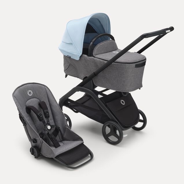 Refurbished Bugaboo Dragonfly bassinet and seat stroller black base, grey melange fabrics, skyline blue sun canopy - Main Image Slide 1 of 2