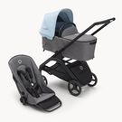 Refurbished Bugaboo Dragonfly bassinet and seat stroller black base, grey melange fabrics, skyline blue sun canopy