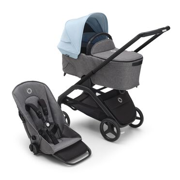 Refurbished Bugaboo Dragonfly bassinet and seat stroller black base, grey melange fabrics, skyline blue sun canopy