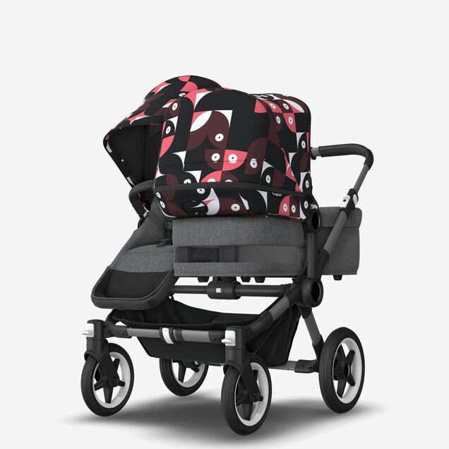 Bugaboo Donkey 5 Duo double stroller graphite base, grey mélange fabrics, animal explorer pink/ red sun canopy - Main Image Slide 3 of 10