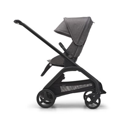 Bugaboo Dragonfly-vagn med sittdel sedd från sidan, med svart chassi, gråmelerad klädsel och sufflett. - view 2