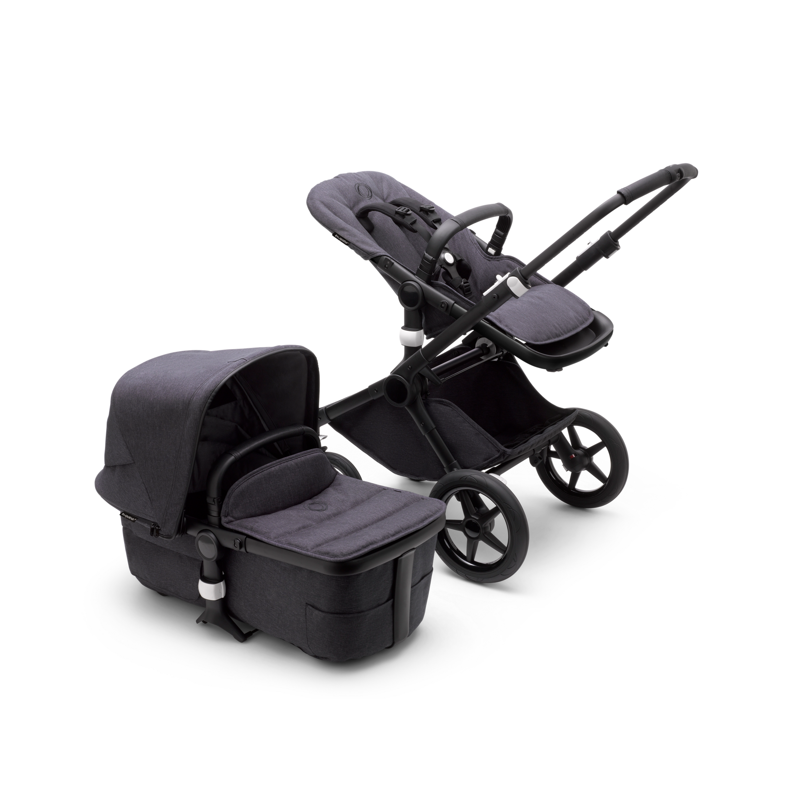 Bugaboo Fox 3 pram body and seat stroller with black frame, mineral black fabrics, and mineral black sun canopy. - Thumbnail Slide 11 of 15