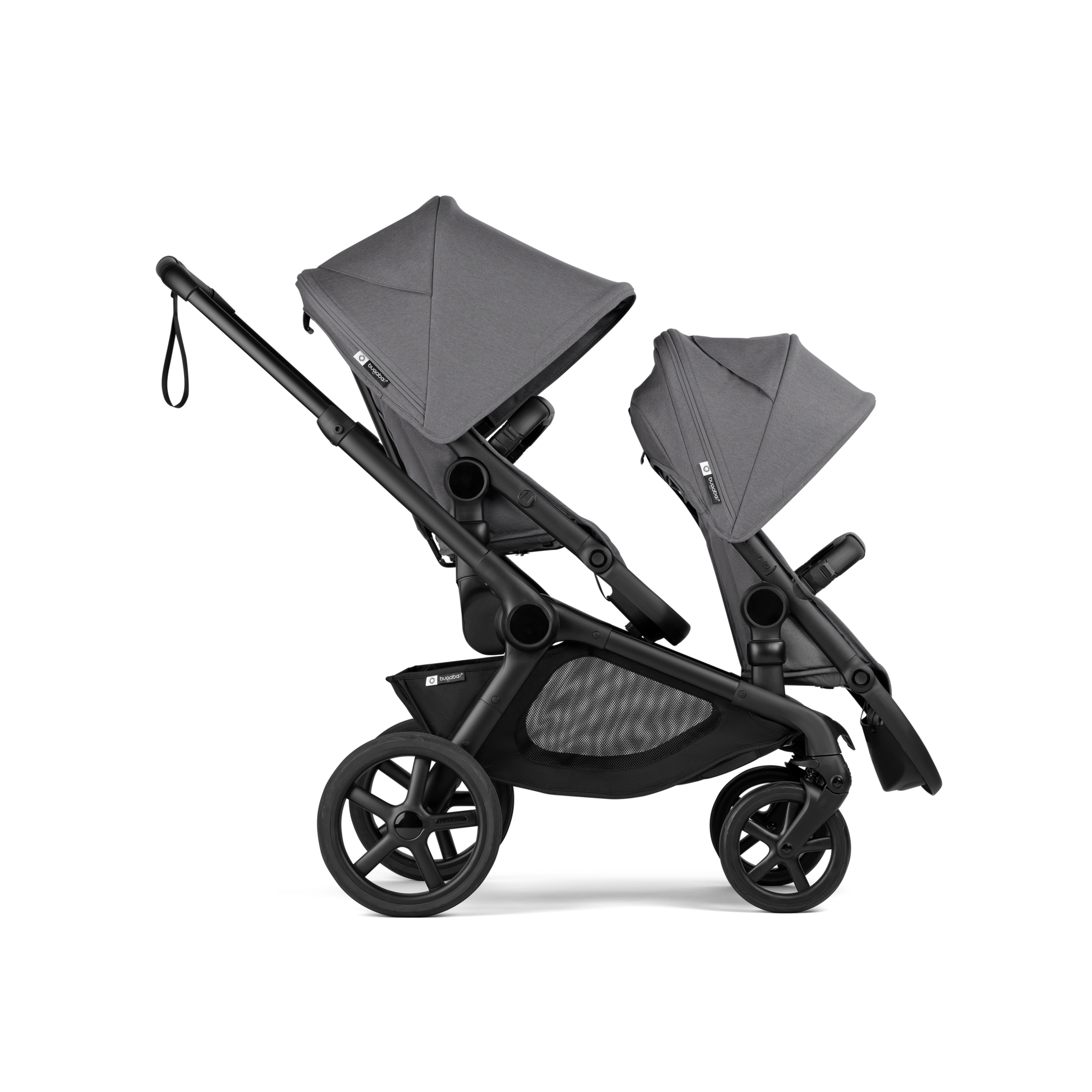 Bugaboo Kangaroo tandem stroller black base, moon grey fabrics, moon grey sun canopy - Thumbnail Slide 3 of 20