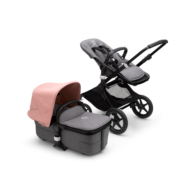 Bugaboo Fox 3 bassinet and seat stroller black base, grey melange fabrics, morning pink sun canopy