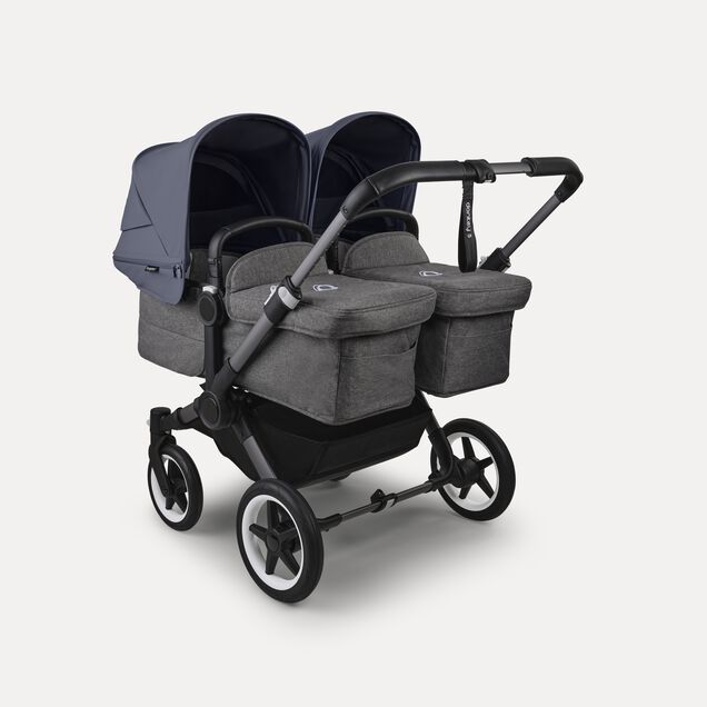 Bugaboo Donkey 5 twin stroller graphite base, grey mélange fabrics, stormy blue sun canopy - Main Image Slide 1 of 12