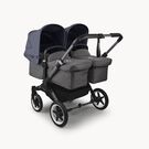 Bugaboo Donkey 5 twin stroller graphite base, grey mélange fabrics, stormy blue sun canopy