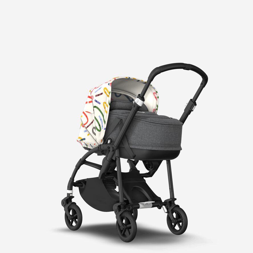 Bugaboo Bee 6 bassinet and seat stroller black base, grey fabrics, art of discovery white sun canopy