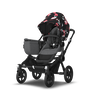 Bugaboo Donkey 5 Mono bassinet and seat stroller black base, grey mélange fabrics, animal explorer pink/ red sun canopy