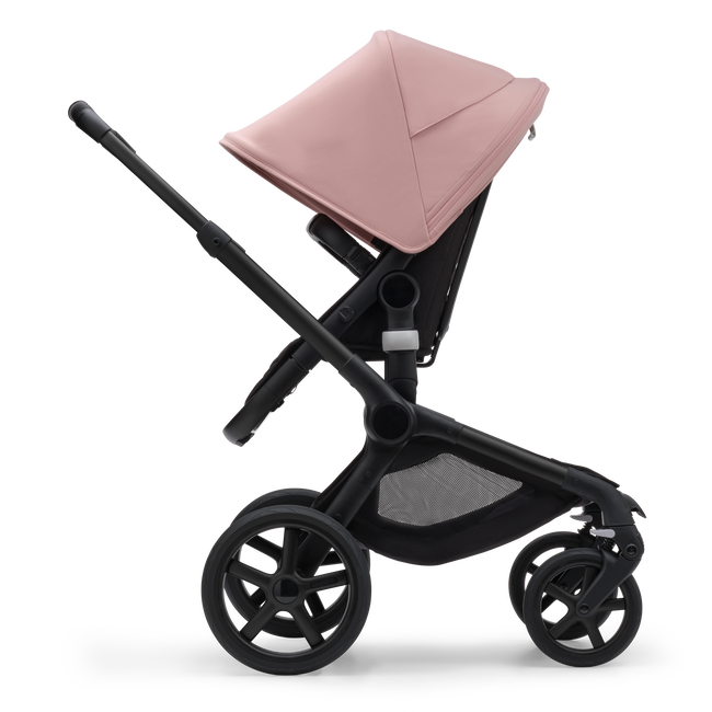 Bugaboo Fox 5 bassinet and seat stroller black base, midnight black fabrics, morning pink sun canopy