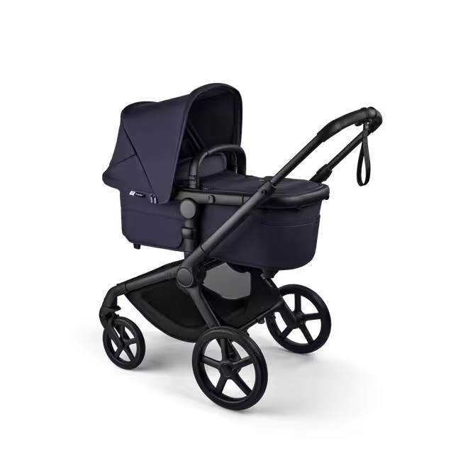 Bugaboo Fox 5 Renew bassinet newborn stroller, with black chassis, Deep Indigo fabrics, and Deep Indigo sun canopy. - Main Image Slide 2 of 12