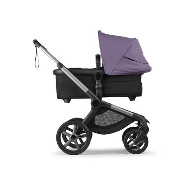Bugaboo Fox 5 Renew bassinet newborn stroller, with graphite chassis, Heritage Black fabrics, and Astro Purple sun canopy. - view 2