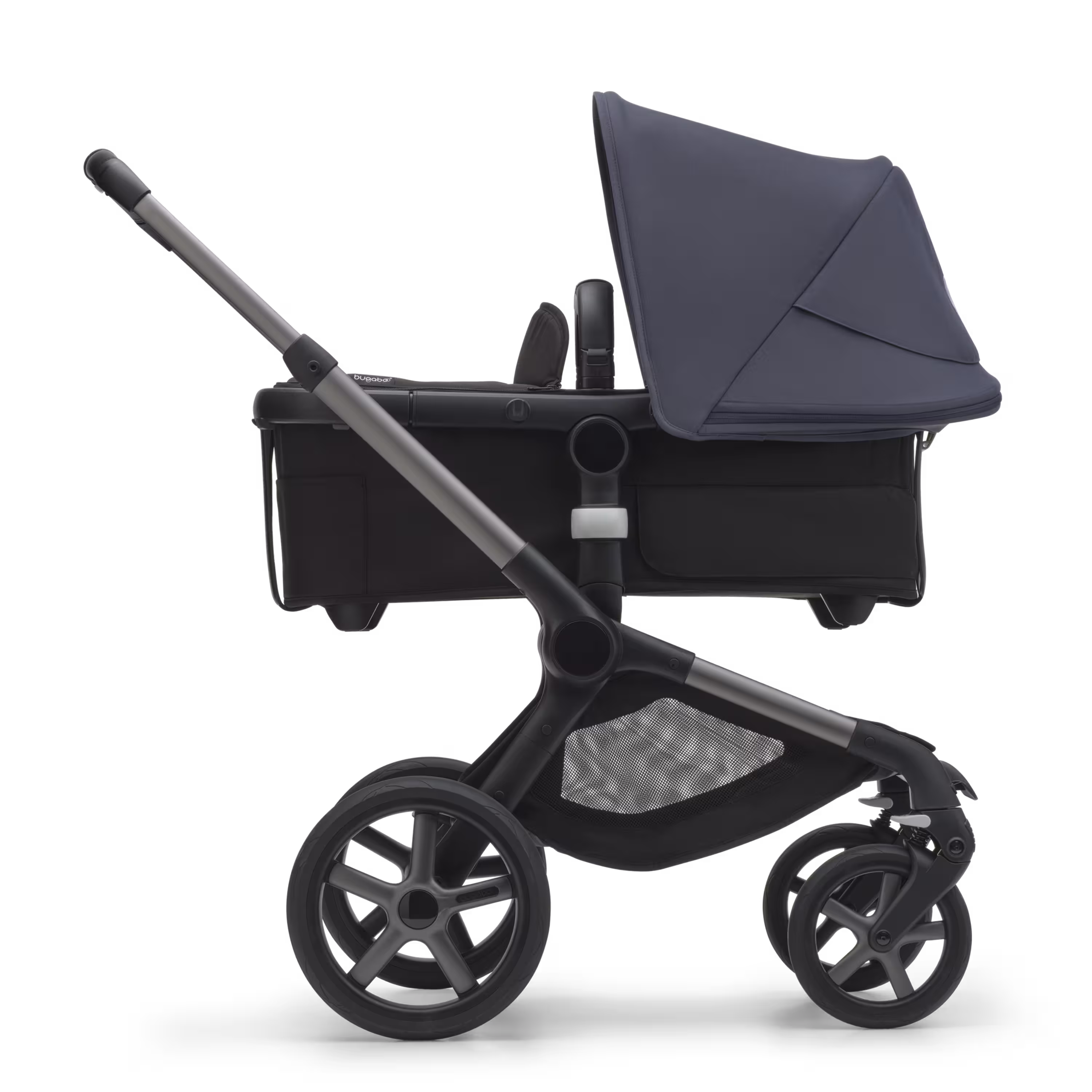 Side view of the Bugaboo Fox 5 carrycot pushchair with graphite chassis, midnight black fabrics and stormy blue sun canopy. - Main Modal Image Slide 2 of 13