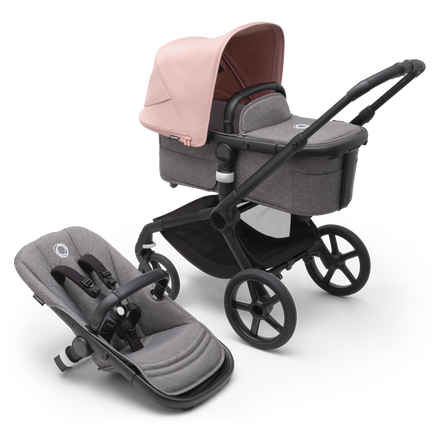 Bugaboo Fox 5 bassinet and seat stroller with black chassis, grey melange fabrics and morning pink sun canopy.