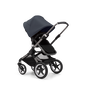 Bugaboo Fox 3 seat stroller with black frame, grey fabrics, and stormy blue sun canopy. - Thumbnail Slide 1 of 7